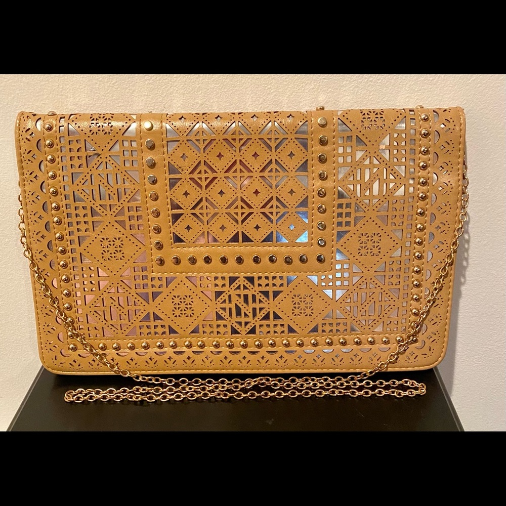 MMS Camel Color Clutch Handbag with Gold Metal Grommets